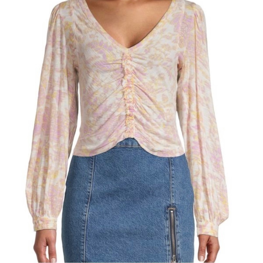 Free People Pastel Floral Ruched V-Neck Long Sleeve Top